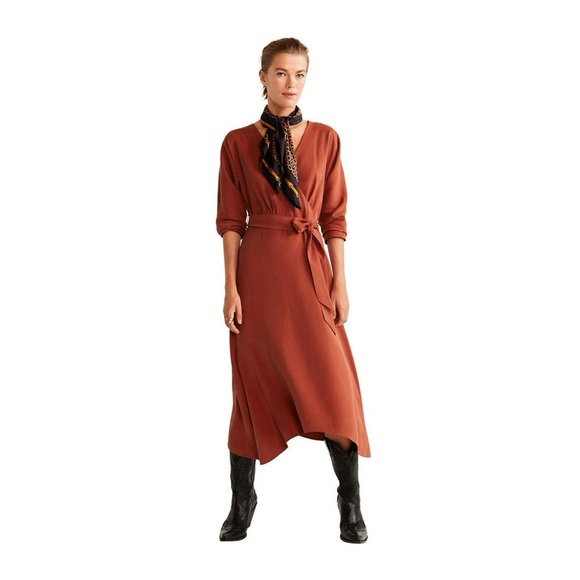 Mango Rust Wrap Midi Dress Long Sleeve Belted — Size S - Picture 3 of 14